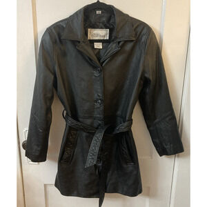 Vintage Modern Essentials Women's Black Leather Coat Jacket w/Belt Black Size S